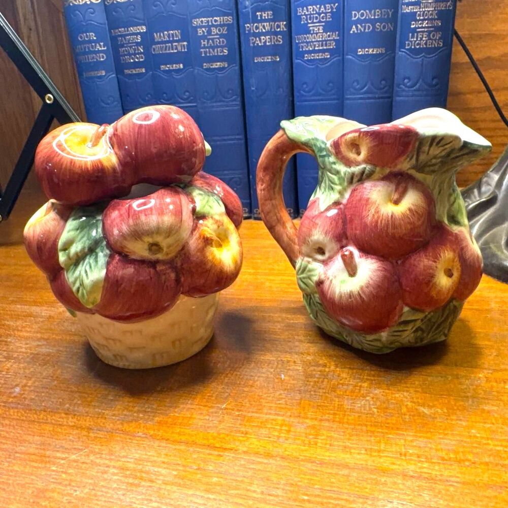 World Bazaar Apple Motif Sugar Bowl with Lid and Creamer MINT